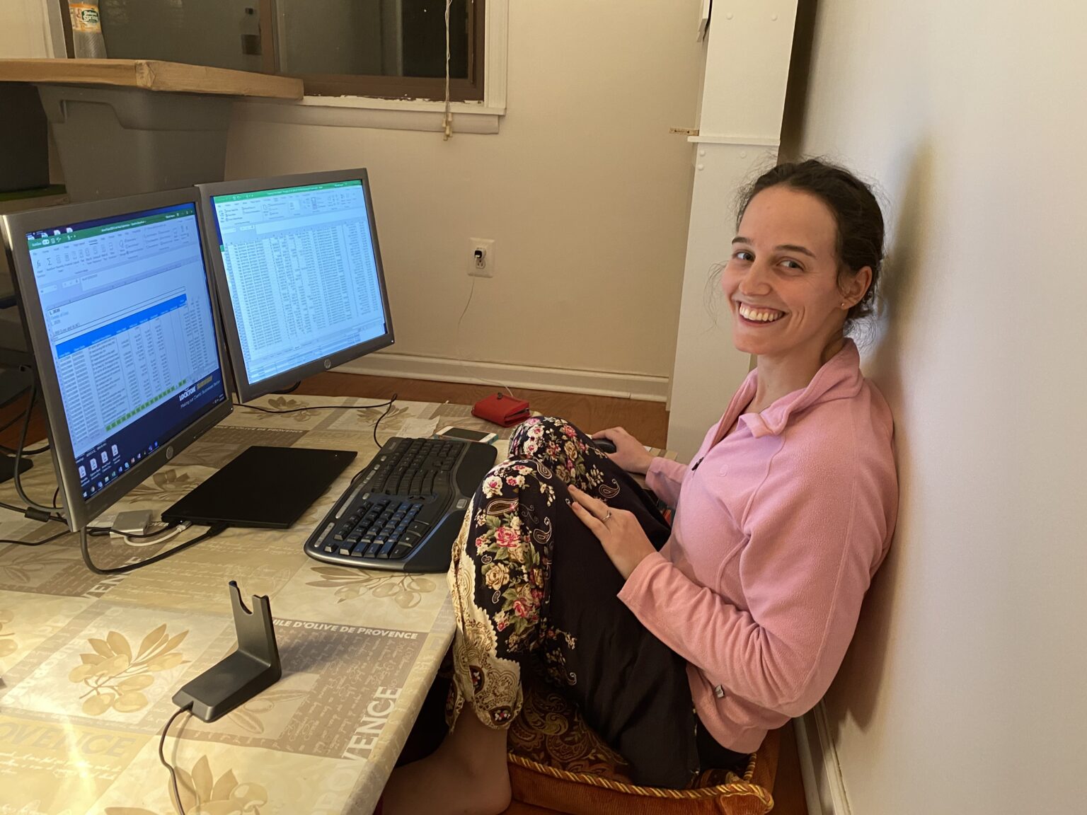 Jess's workspace - she worked sitting on the floor like this for 15 weeks!